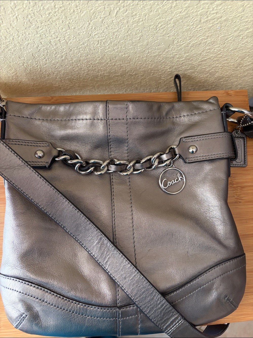 Coach Metallic Gray Leather Shoulder Bag with Chain Accent